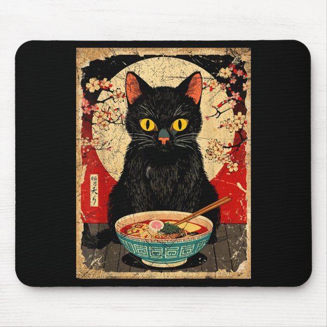 Mousepad Kawaii Cat Eating Ramen Noodles Funny Anime Gift G (Frente)