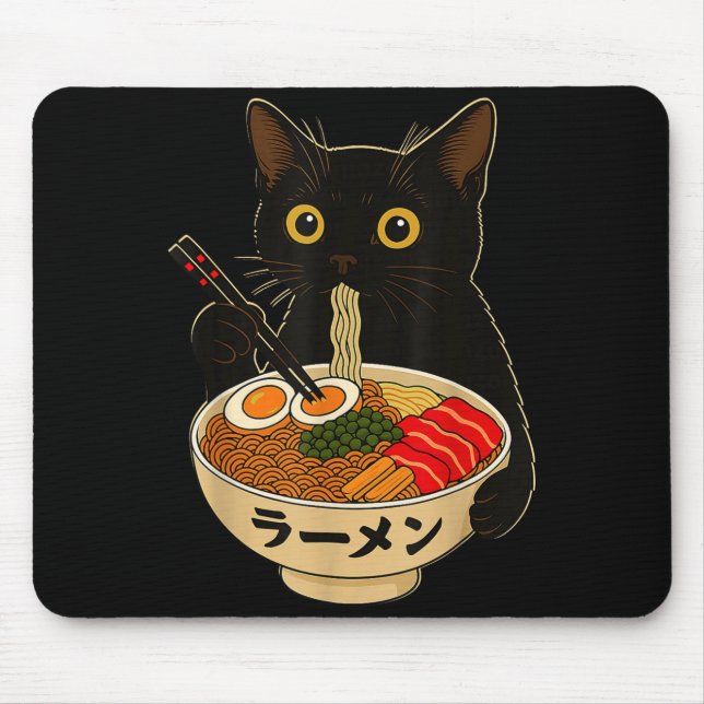 Mousepad Kawaii Cat Eating Ramen Noodles Funny Anime Gift G (Frente)