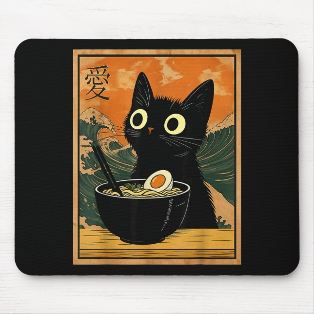 Mousepad Kawaii Cat Eating Ramen Noodles Funny Anime Gift G (Frente)