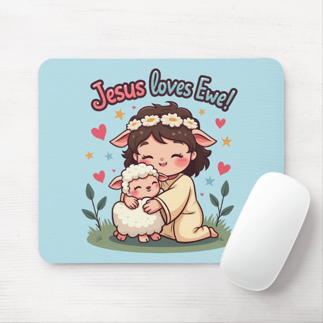 Mousepad Kawaii Christian "Jesus ama ovelha" Pastel Design (Com mouse)