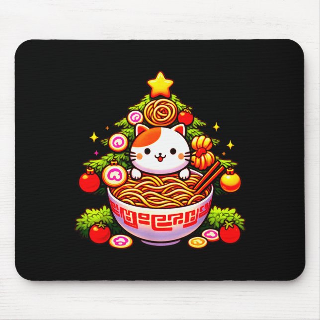 Mousepad Kawaii Christmas Cat Ramen Christmas Tree Holiday  (Frente)
