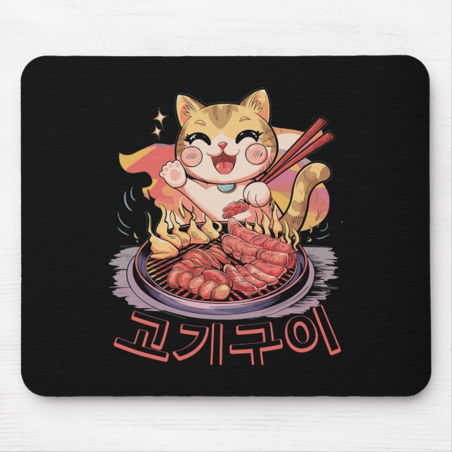 Mousepad Kawaii Coreano Gato Comendo Churrasco Barbecue Ani (Frente)