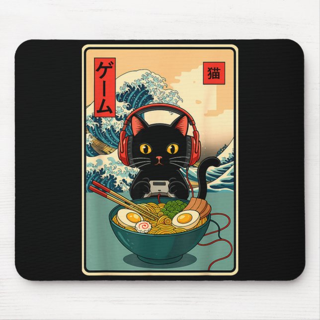 Mousepad Kawaii Gamer Cat Ramen Retro Japanese Funny Cat Ga (Frente)