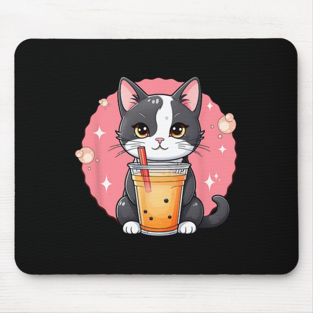 Mousepad Kawaii Gato Bonita Boba Tea Estilo Japonês Tuxedo  (Frente)