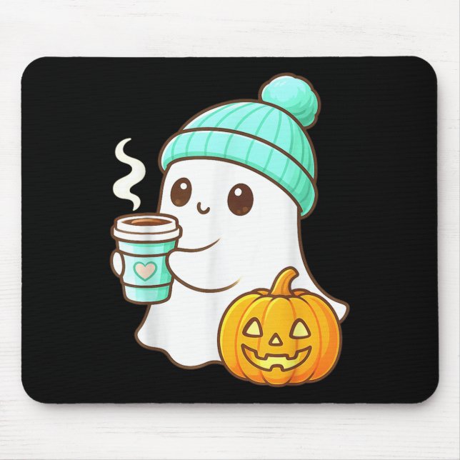 Mousepad Kawaii Ghost With Pumpkin Coffee Cozy Halloween Au (Frente)