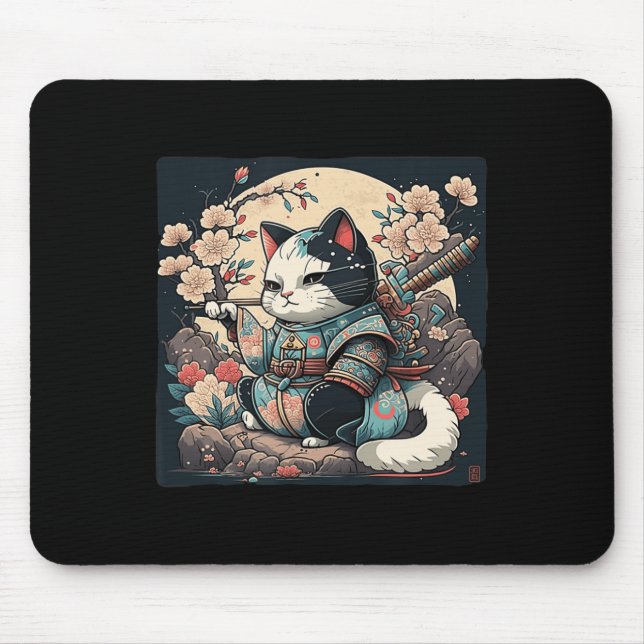 Mousepad Kawaii Japanese Style Samurai Cat Kitten Anime  (Frente)