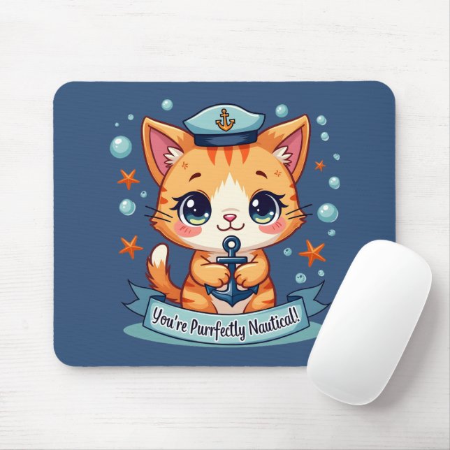 Mousepad Kawaii Náutico Cat Navegando Anchor Pun (Com mouse)