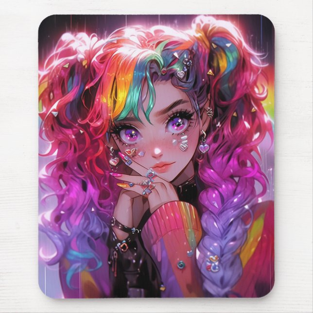 Mousepad Kawaii Rainbow Hair Braids Anime Girl (Frente)