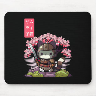 Mousepad Kawaii Samurai Kitten com Cherry Blossom Japonês