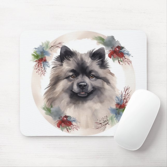 Mousepad Keeshond Christmas Wreath Festivo Pup (Com mouse)