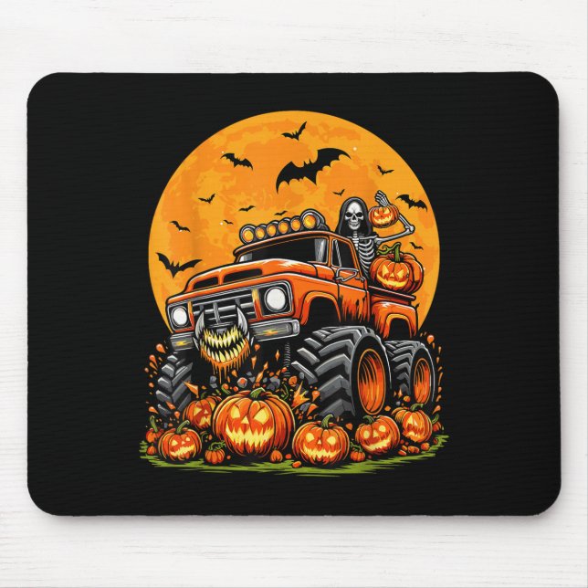 Mousepad Kids Halloween Monster Truck Skeleton Pumpkin Boys (Frente)