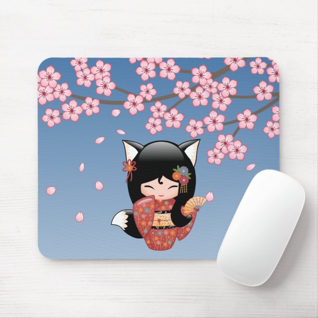 Mousepad Kitsune Kokeshi Doll - Rapariga Negra Fox Geisha (Com mouse)