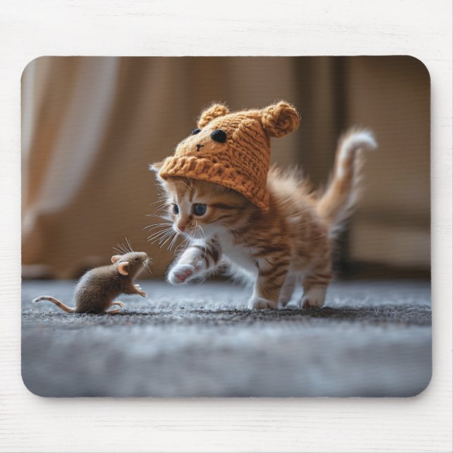 Mousepad Kitten brincando com um rato pequeno (Frente)