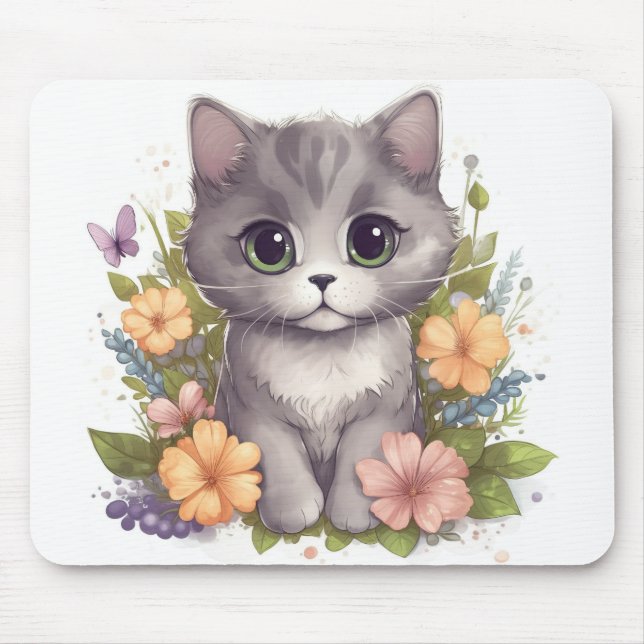 Mousepad Kitten Cinza Doce com Flores Kawaii Chibi (Frente)