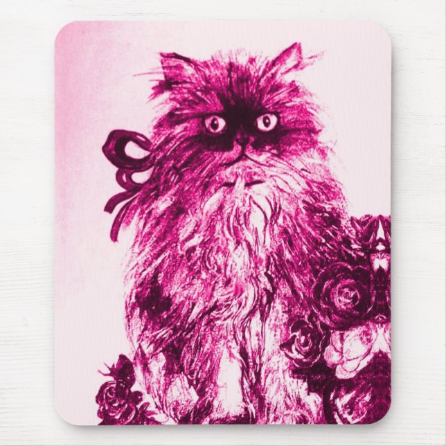 Mousepad KITTEN COM ROSAS, Cor Branca de Fuchsia Rosa (Frente)