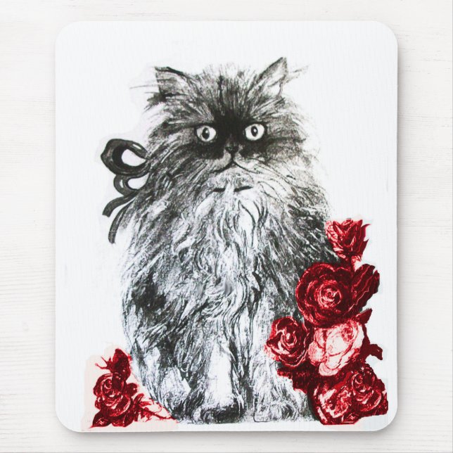 Mousepad KITTEN COM ROSAS, Preto e Vermelho Branco (Frente)
