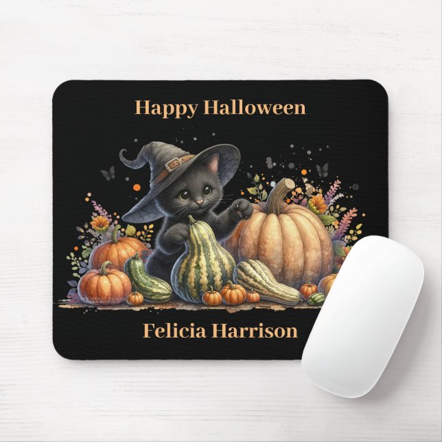 Mousepad Kitten da Bruxa Negra do Halloween W/ Pumpkins Gou (Com mouse)