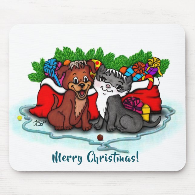 Mousepad Kitty e Cachorrinho, Feliz Natal (Frente)