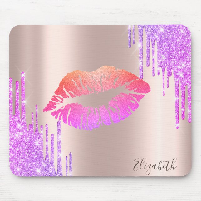 Mousepad Lábios Brilhantes da Moda Rosa Dourado Brilho Gote (Frente)