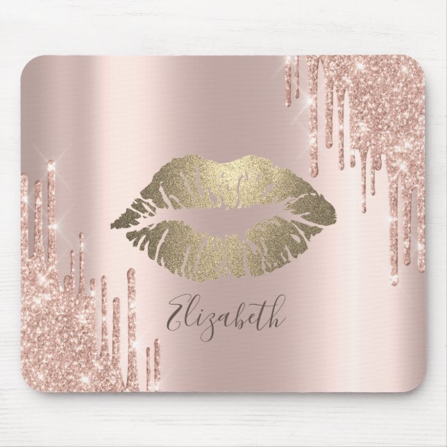 Mousepad Lábios Brilhantes de Ouro na Moda com Pingos de Gl (Frente)