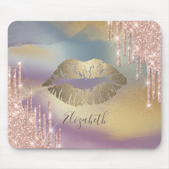 Mousepad Lábios Brilhantes Dourados da Moda,Coloridos, Ping (Frente)