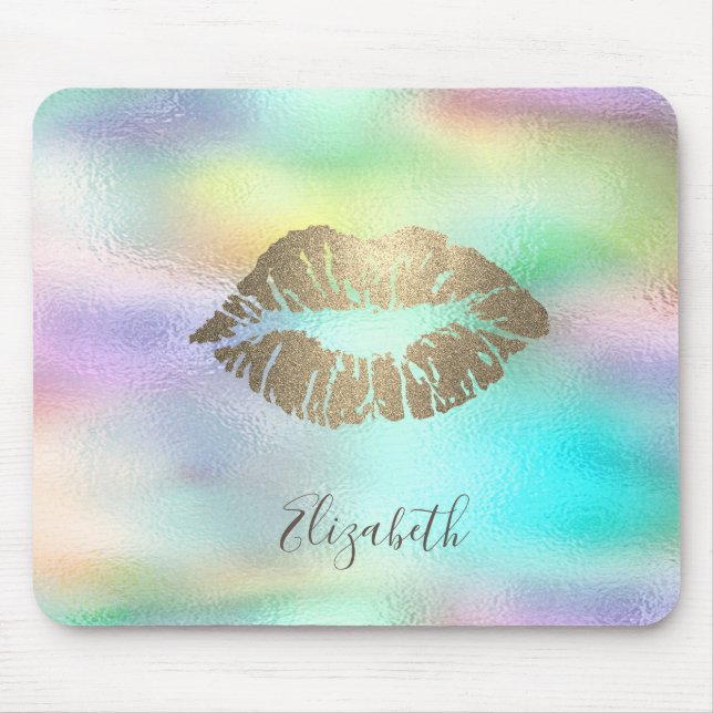 Mousepad Lábios Brilhantes Dourados na Moda Arco-íris Holog (Frente)