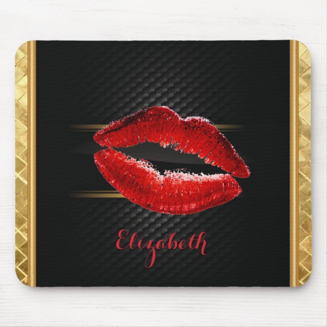 Mousepad Lábios Vermelhos Glitter Modernos e Elegantes, Per (Frente)