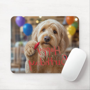 Mousepad Labradoodle Escrevendo Feliz Aniversário no Vidro