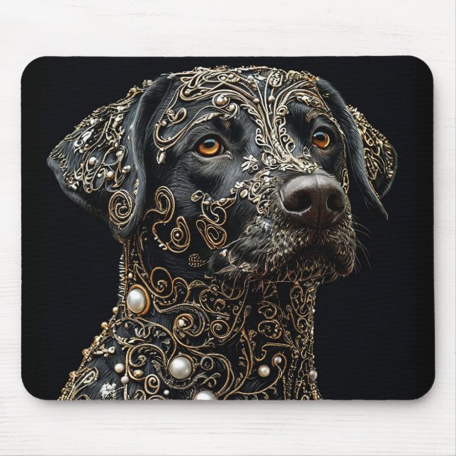 Mousepad Labrador Preto com Ouro e Pérola Intrincados (Frente)