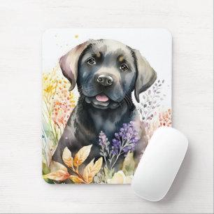 Mousepad Labrador Retriever Preto aquarela e Flores