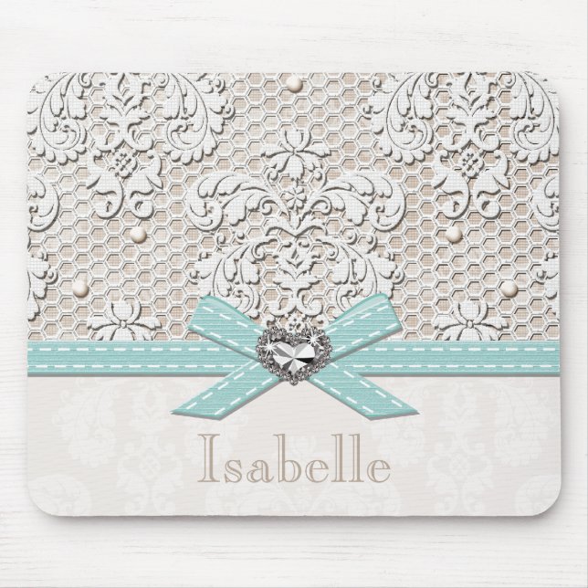 Mousepad Laço e pérolas azuis do vintage (Frente)