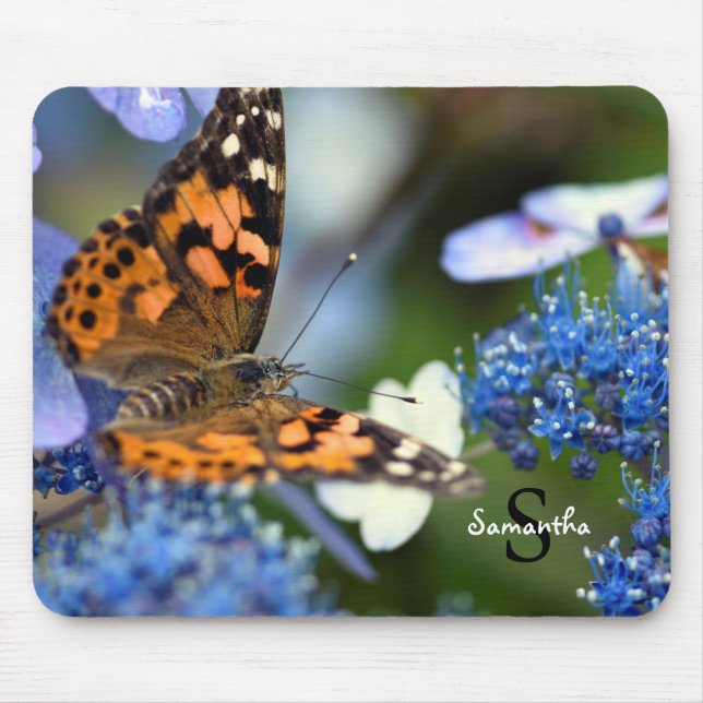 Mousepad Lady Butterfly pintada em uma Hydrangea azul (Frente)
