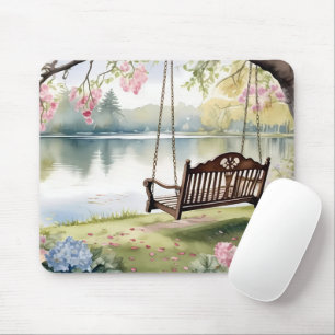 Mousepad Lakeside Swing em Jardim Romântico de Aquarela