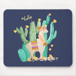 Mousepad Lama Bonita no Jardim Cactus - Azul Personalizado