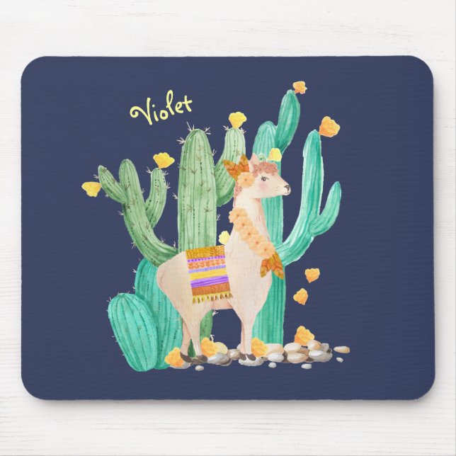Mousepad Lama Bonita no Jardim Cactus - Azul Personalizado (Frente)