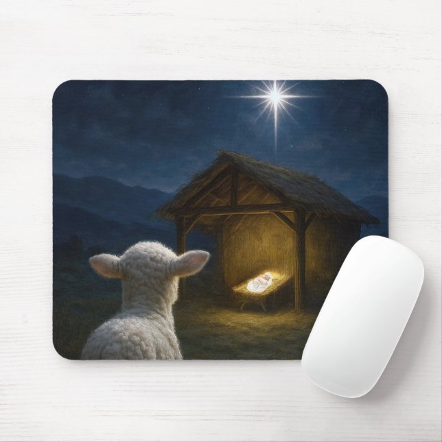 Mousepad Lamb Gazing at Baby Jesus In a Manger (Com mouse)