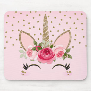 Mousepad Lantejoulas Douradas & Unicórnio Floral Rosa Fashi