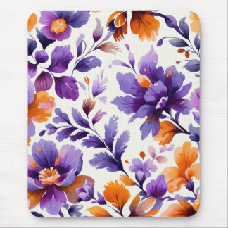 Mousepad Laranja Vibrante e Aquarela Púrpura Floral