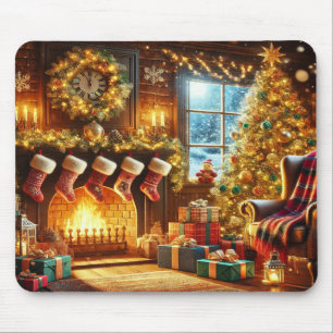 Mousepad Lareira e árvore de Natal em uma terra maravilhosa
