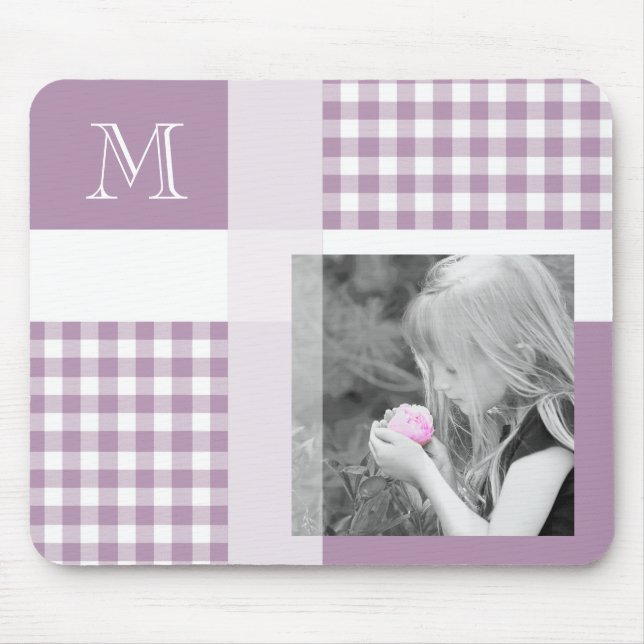 Mousepad Lavanda Adicionar Sua Foto Gingham Modern Monogram (Frente)