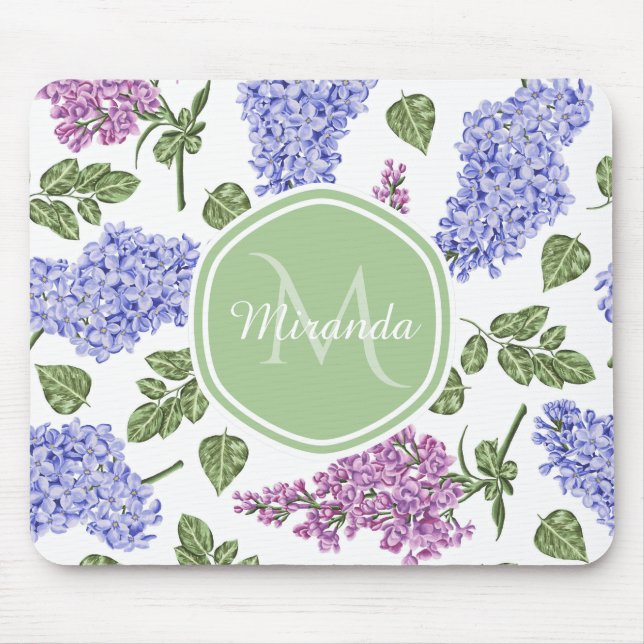 Mousepad Lavanda Chic Lilac Floral Pastel Verde Monograma (Frente)