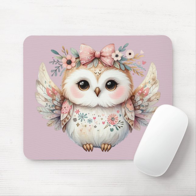 Mousepad Lavanda de Ilustração de Coruja Kawaii Boho (Com mouse)