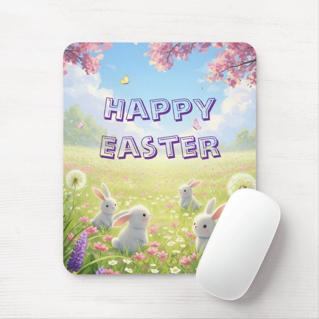 Mousepad Lavender Easter Cute White Bunny Floral Spring  (Com mouse)
