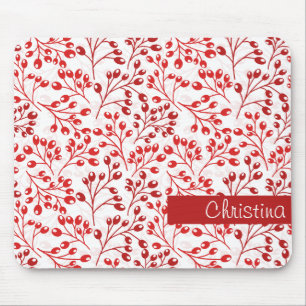 Mousepad Leafy Red Pattern Modern Elegant Nome Personalizad