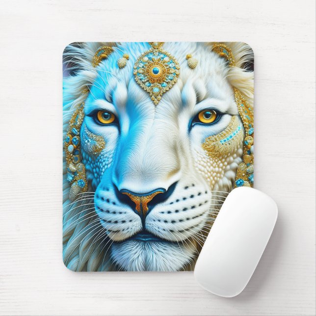 Mousepad Leão branco majestoso e Dourado (Com mouse)