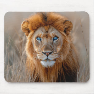 Mousepad Leão Macho Majestoso com Olhos Azuis Brilhantes