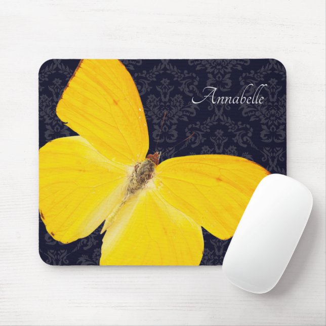 Mousepad Legenda Yellow Butterfly Black Damask Add Name (Com mouse)