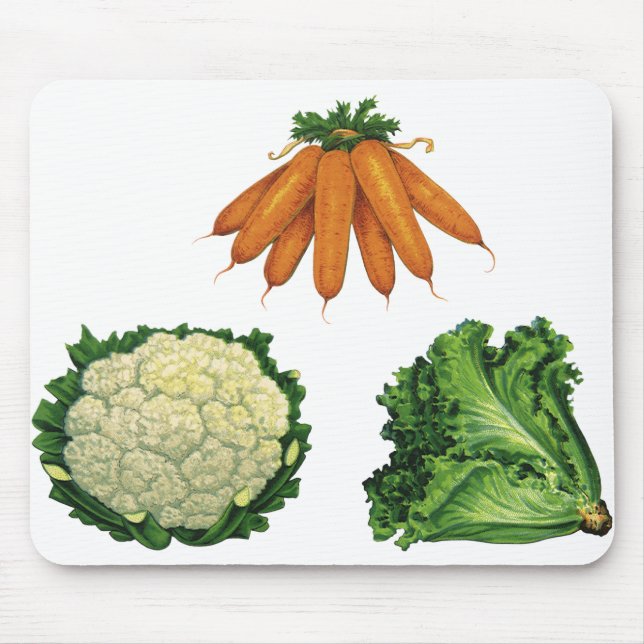 Mousepad Legumes Antigos; Cenouras, Couve-Flor, Alface (Frente)