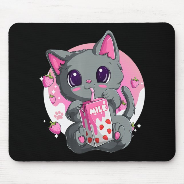 Mousepad Leite De Morango Para Mulheres Meninas Kawaii Gato (Frente)