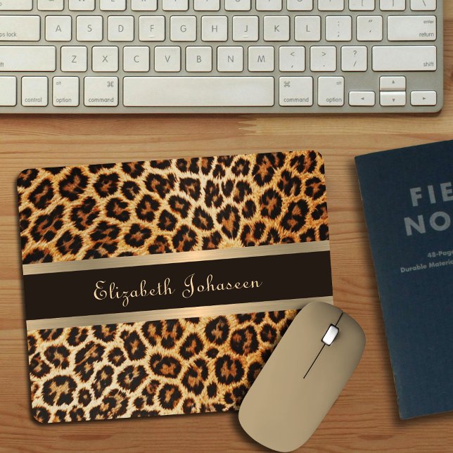 Mousepad Leopard Animal Print Brown & Dourado Stripe Glamor (Criador carregado)
